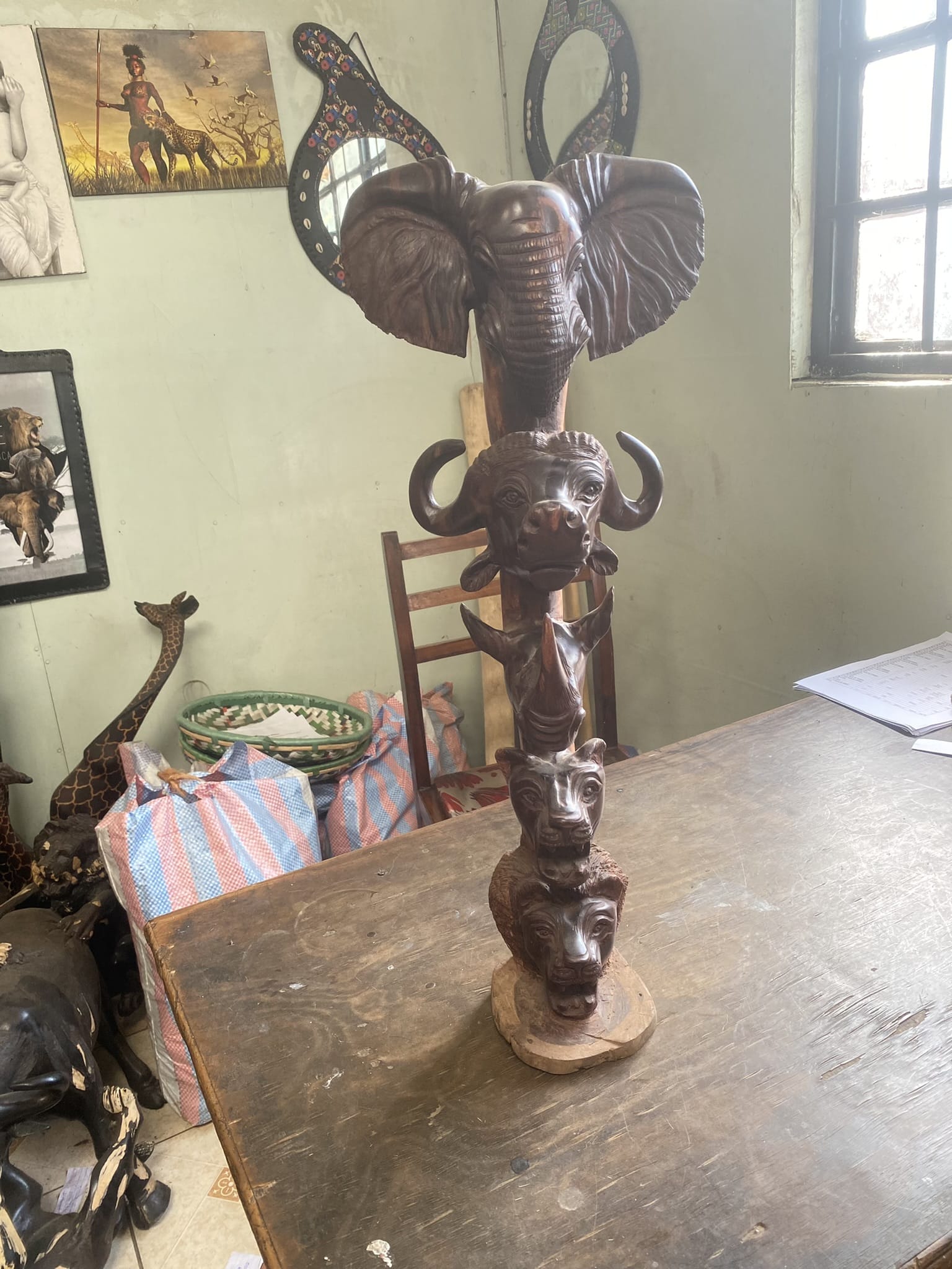 wooden 5 animal heads totem pole 2