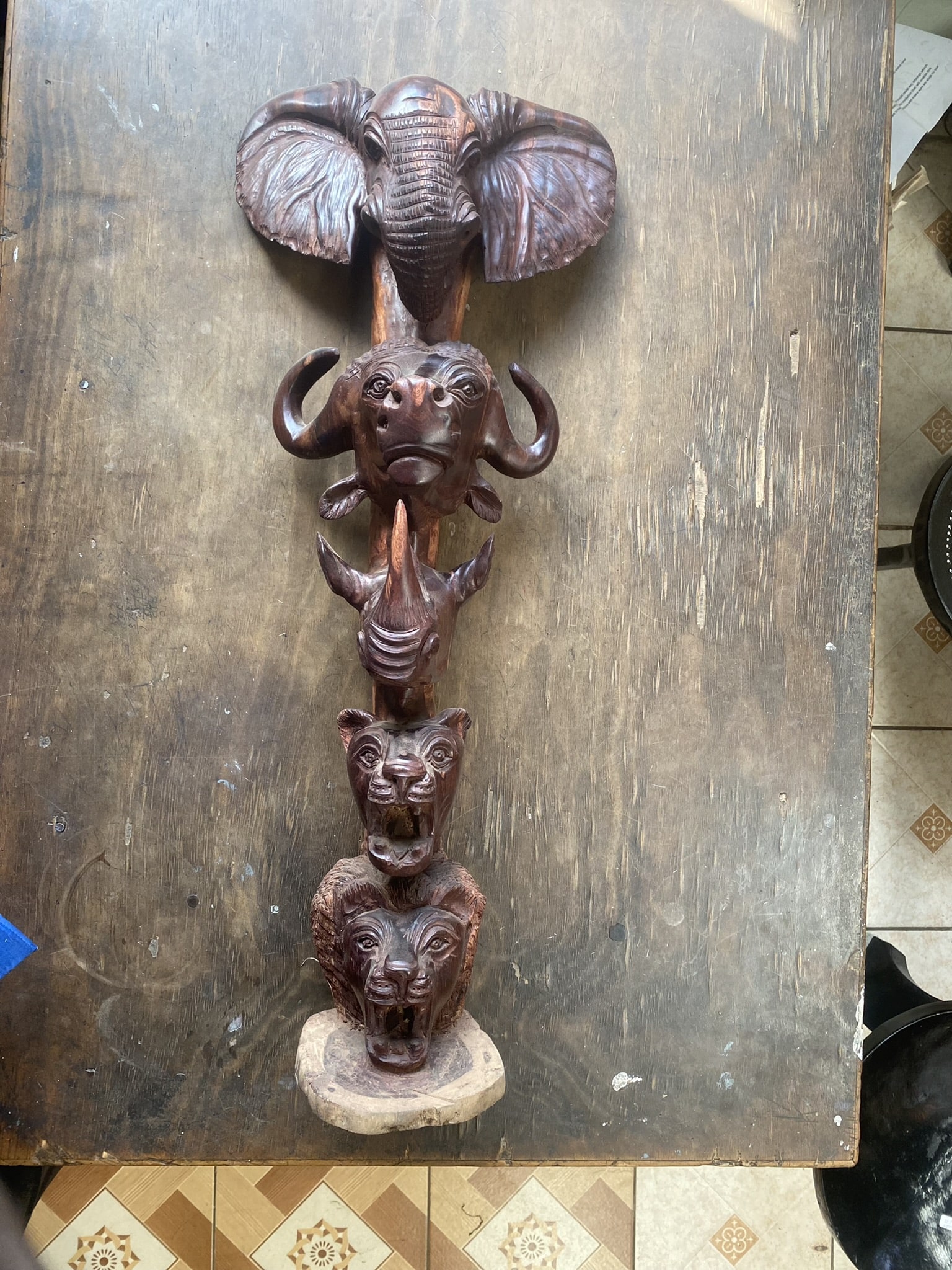 wooden 5 animal heads totem pole 3
