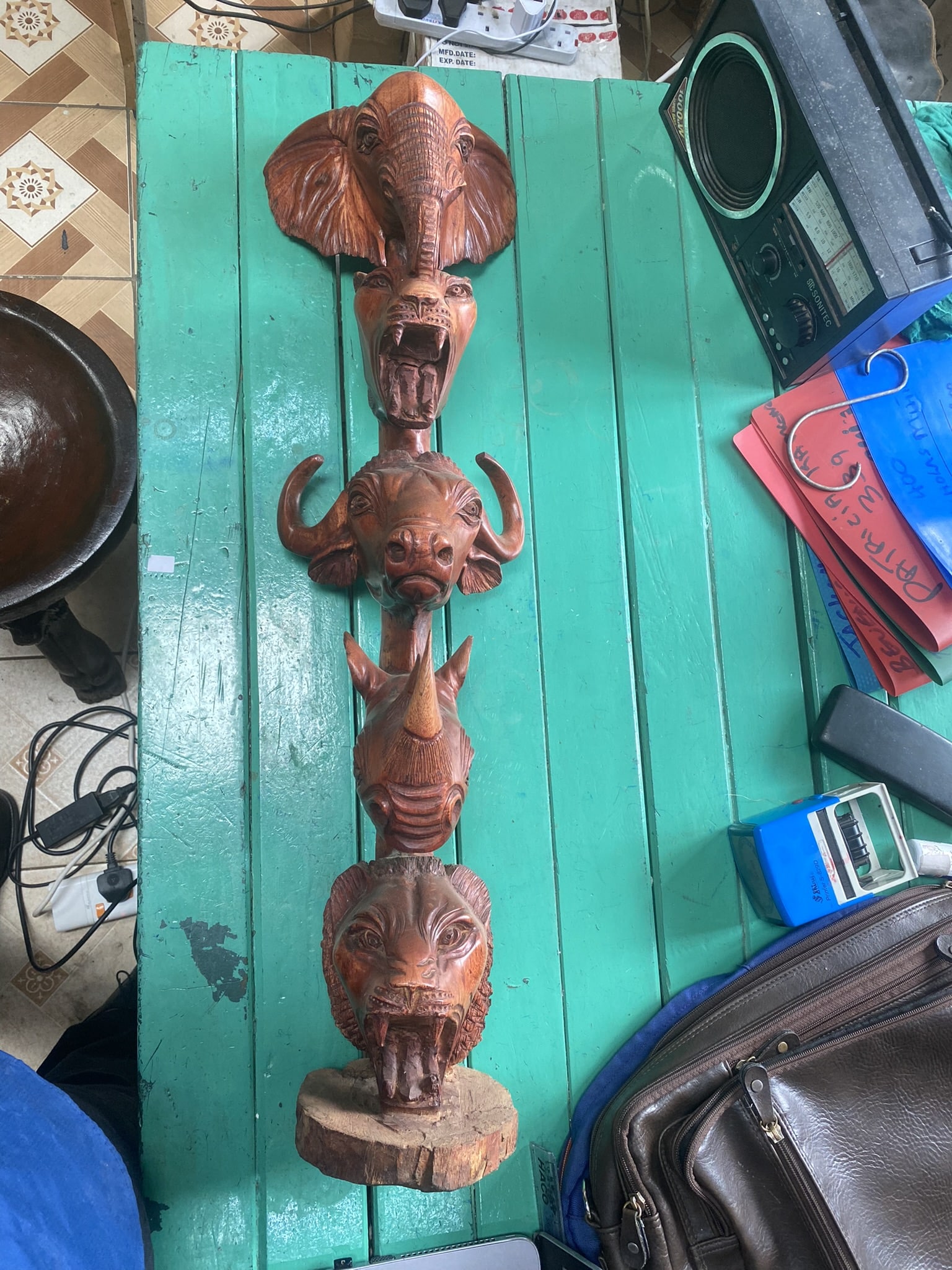 wooden 5 animal heads totem pole