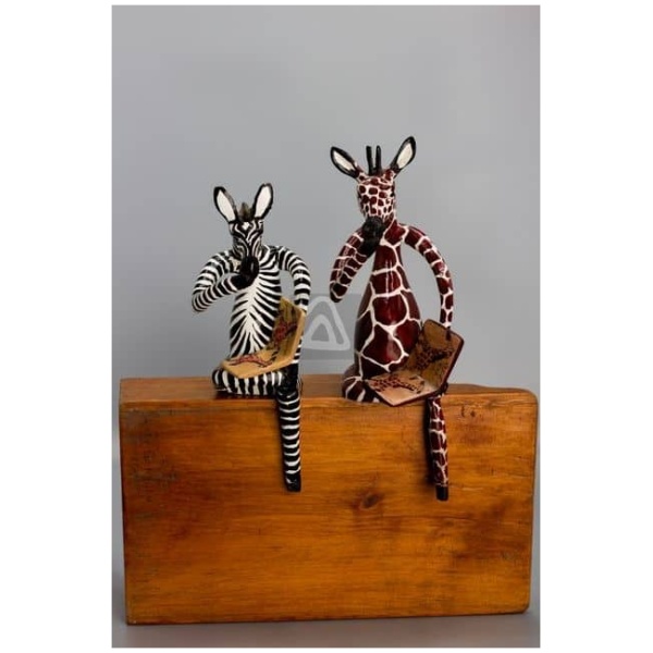 wooden zebra and giraff reading books